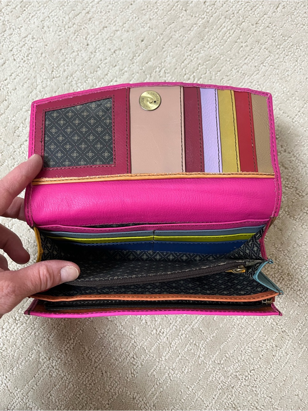 Soruka Fold-Over leather Wallet in Hot Pink with Black Speckled Haircalf - Picture 3 of 5